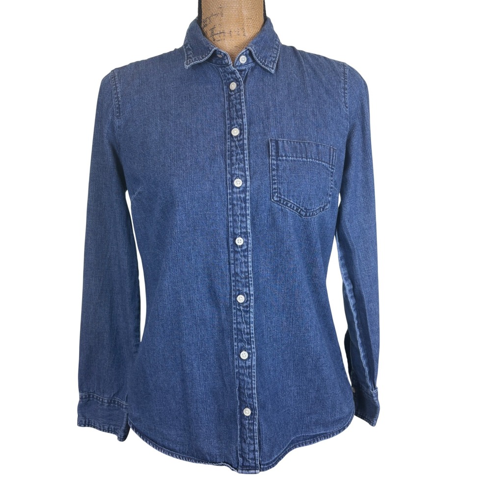 J.Crew Petite Denim Shirt Signature Fit Medium Wash Blue Button Up Western PM